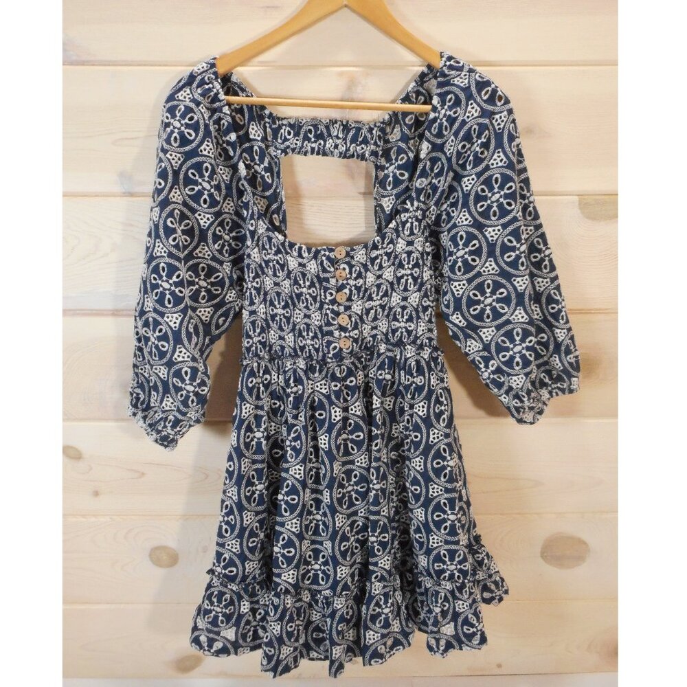 Lucca Women's S Smocked Mini Dress Navy White Eyelet Embroidery Puff Sleeve